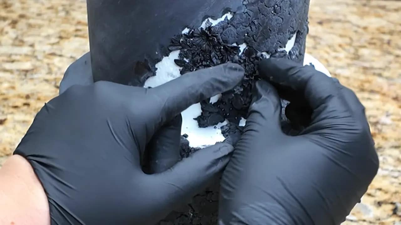 Hands pressing bas-relief fondant into carved indentations on dummy cake