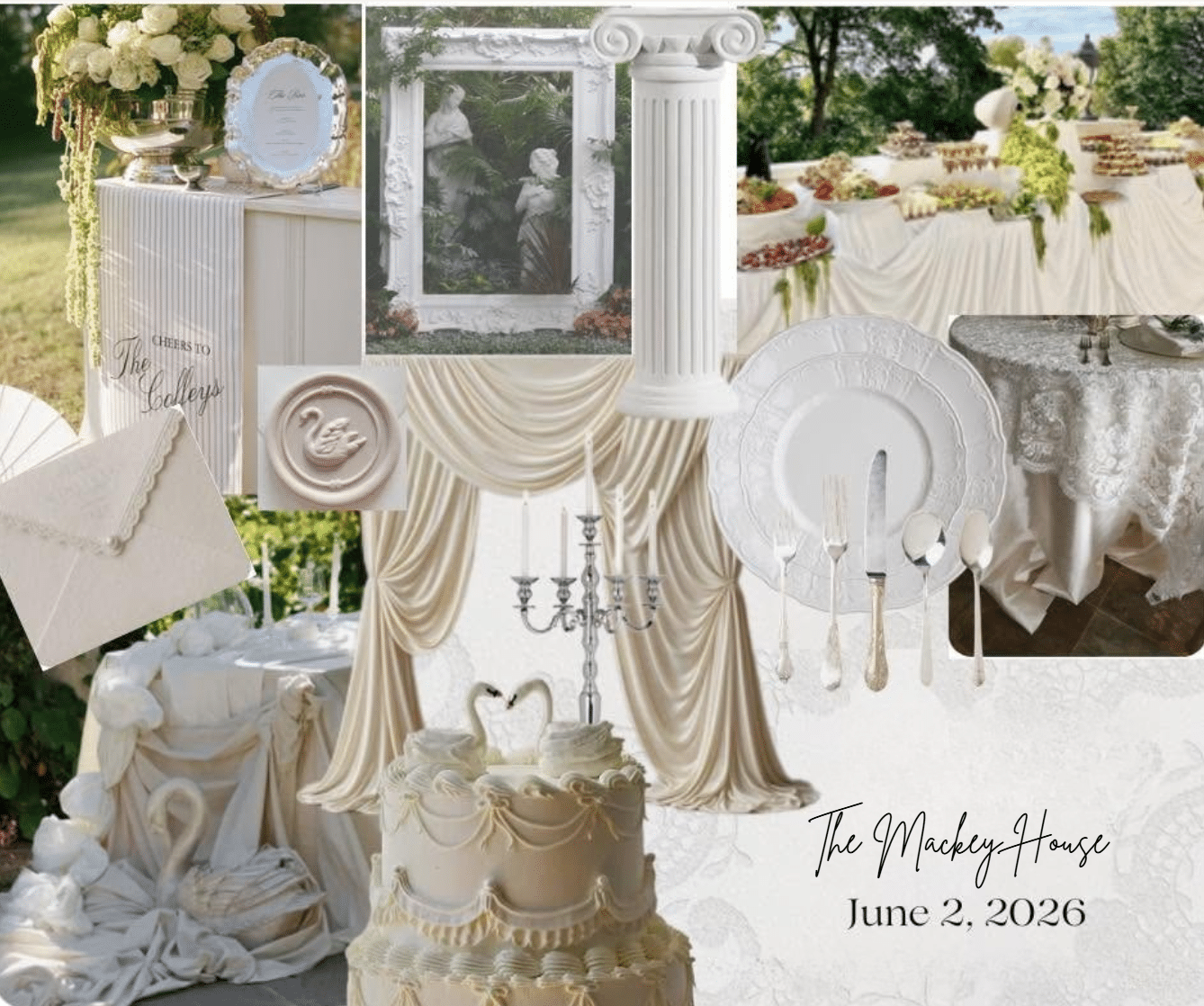 Wedding mood board with swans, pearls, soft draping, and architectural details