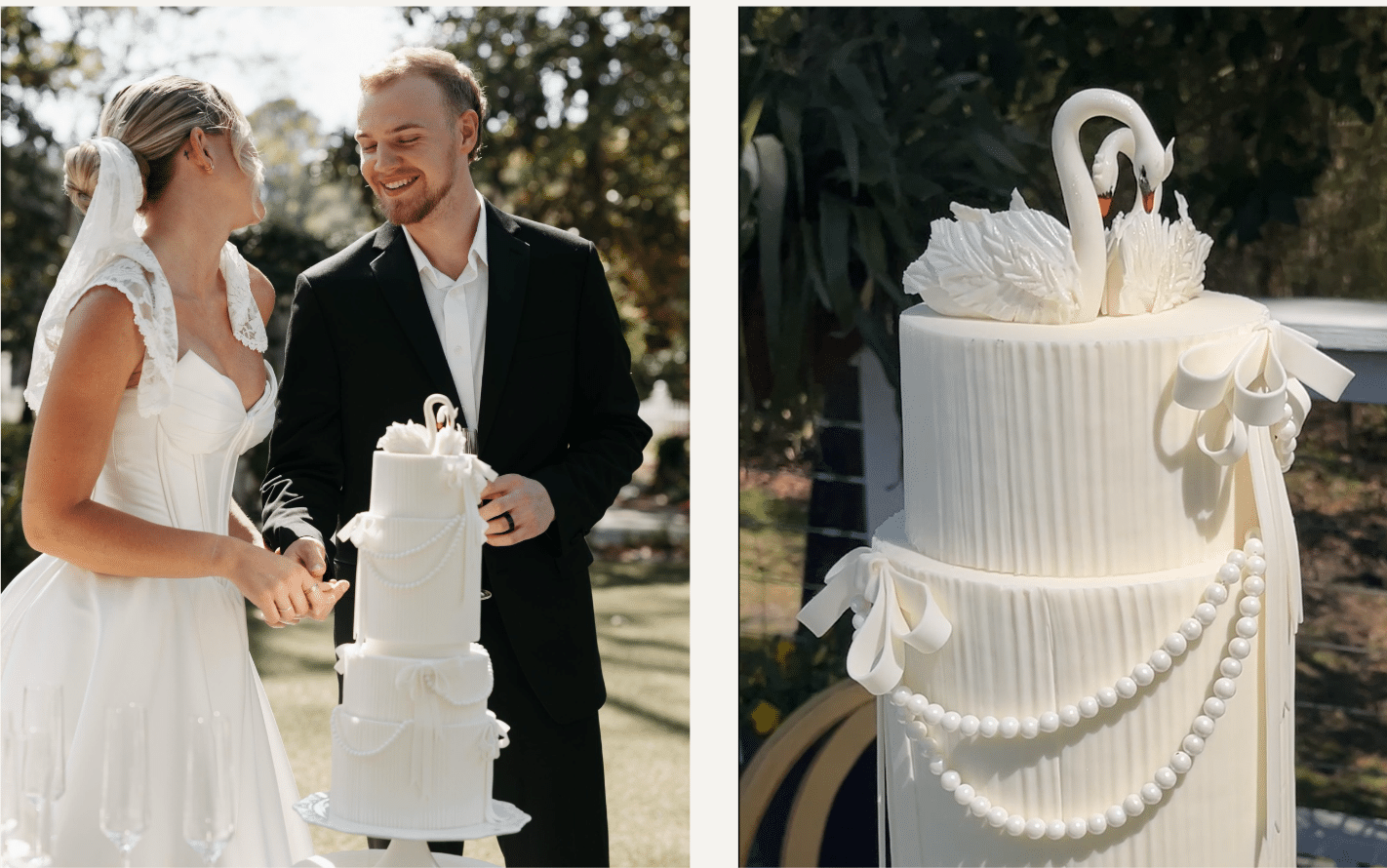 Original white wedding cake inspired by swans, pearls, soft draping, and architecture