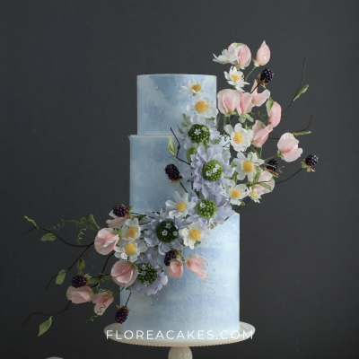 Beautiful wedding cake with wafer paper flowers